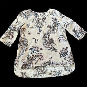 Dana Buchman L linen blend paisley prints tunic 1/4 zip scoop neck blouse pocket